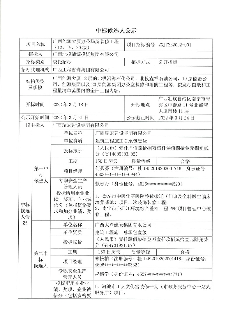 廣西能源大廈辦公場所裝修工程（12、19、20樓）施工招標(biāo)中標(biāo)候選人公示