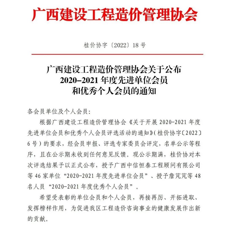 廣西工程咨詢集團直屬企業(yè)建信公司獲評為廣西建設工程造價管理協(xié)會2020-2021年度先進單位會員