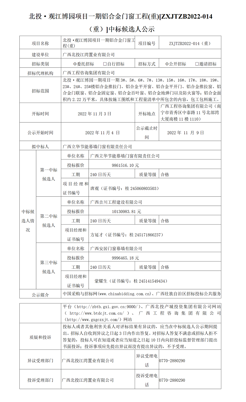 北投·觀江博園項目一期鋁合金門窗工程(重)[ZXJTZB2022-014（重）]中標(biāo)候選人公示