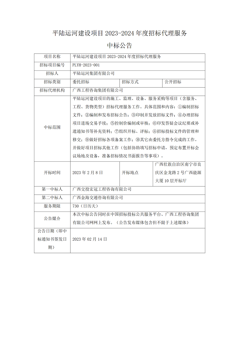 平陸運(yùn)河建設(shè)項(xiàng)目2023-2024年度招標(biāo)代理服務(wù)中標(biāo)公告